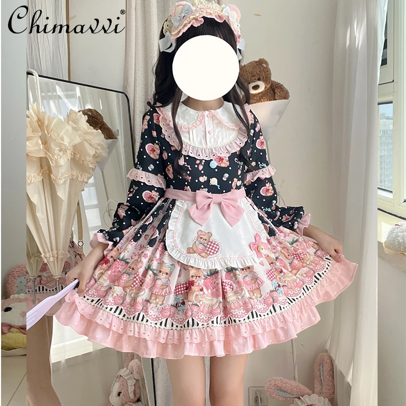 

Original Heart Strawberry Girl Cute Sweet Dress Autumn and Winter New Sweet Bow Long Sleeve Elegant Kawaii Dresses Women