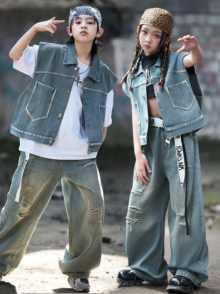 Boys Hip Hop Street Clothing Denim Vest Tops Ripped Jeans Pants for Girls Kids Streetwear Costume Jazz Dance Clothes