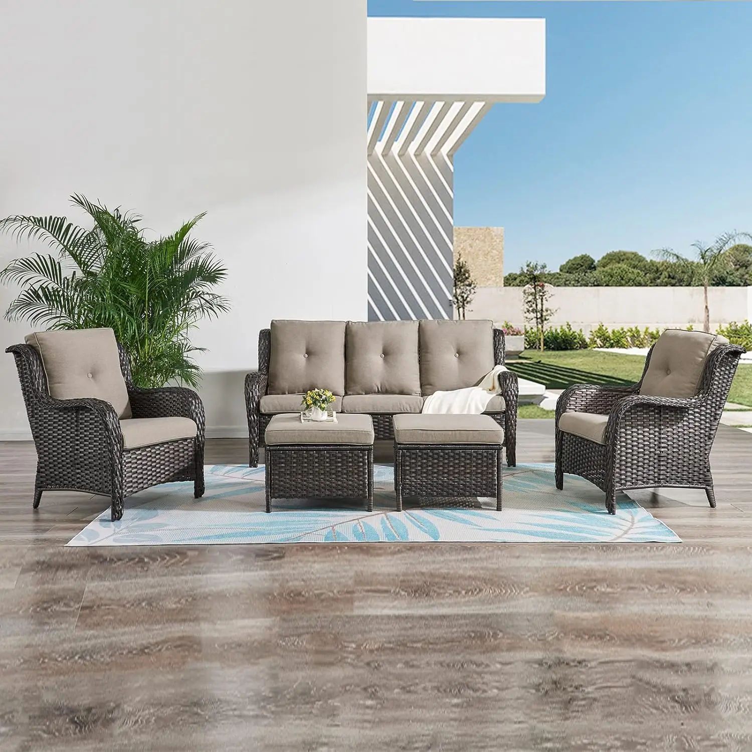 Outdoor Rattan Wicker Sofá com assento profundo e almofadas, 3 lugares Sofá, Pátio e varanda Jardim, Brown e cinza