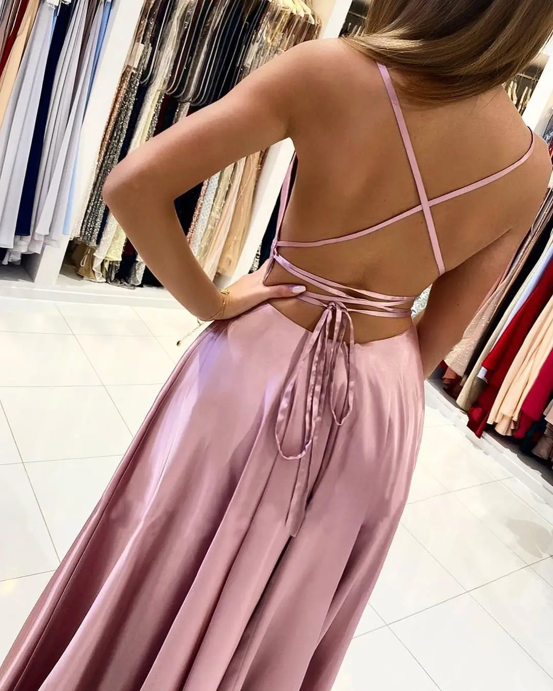 BABYONLINE Satin A-line Gown with Strappy Lace Up Back and High Skirt Slit Floor Length Wedding Bridesmaid Dresses Prom Dress