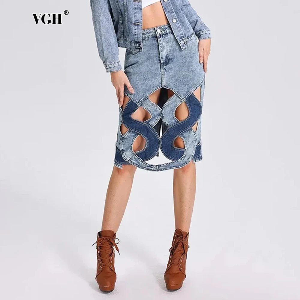 VGH Aushöhlen High Street Hit Farbe Denim Rock Für Frauen Hohe Taille Patchwork Taschen Schlank Bodycon Rock Weibliche Mode Neue