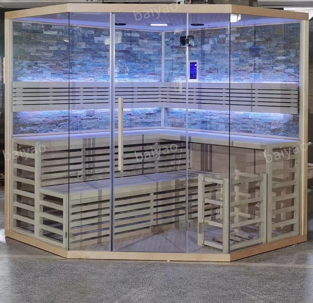 High Quality 2-4 Persons Traditional Sauna Room Indoor Dry Steam Cabin Shower Sauna House With 6KW Heating Stove And LED Lights