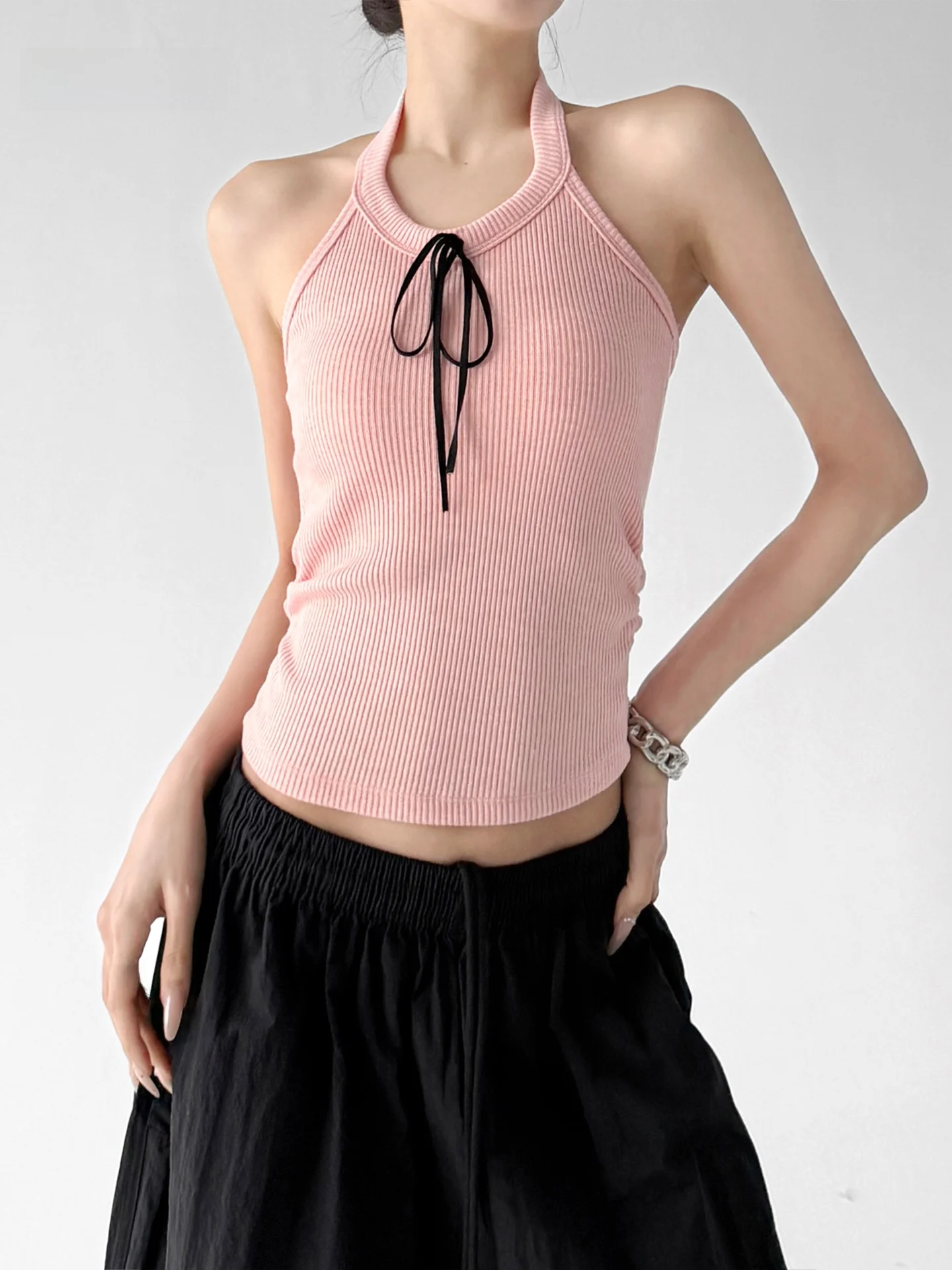 Pink Strapless Vest Women's Summer New Style High Level Sleeveless Top with Built-in Chest Pad U-neck Short Length  ...