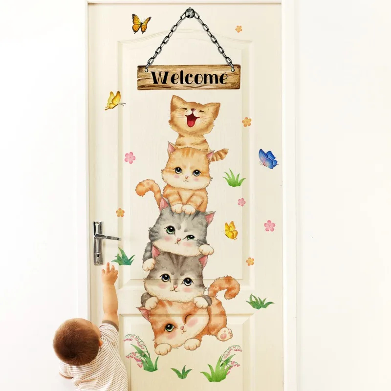 Cartoon Five Cats Welcome Wall Sticker Kids Room Door Decoration Mural Bedroom Entrance Home Decor Self Adhesive Kitty Wallpaper
