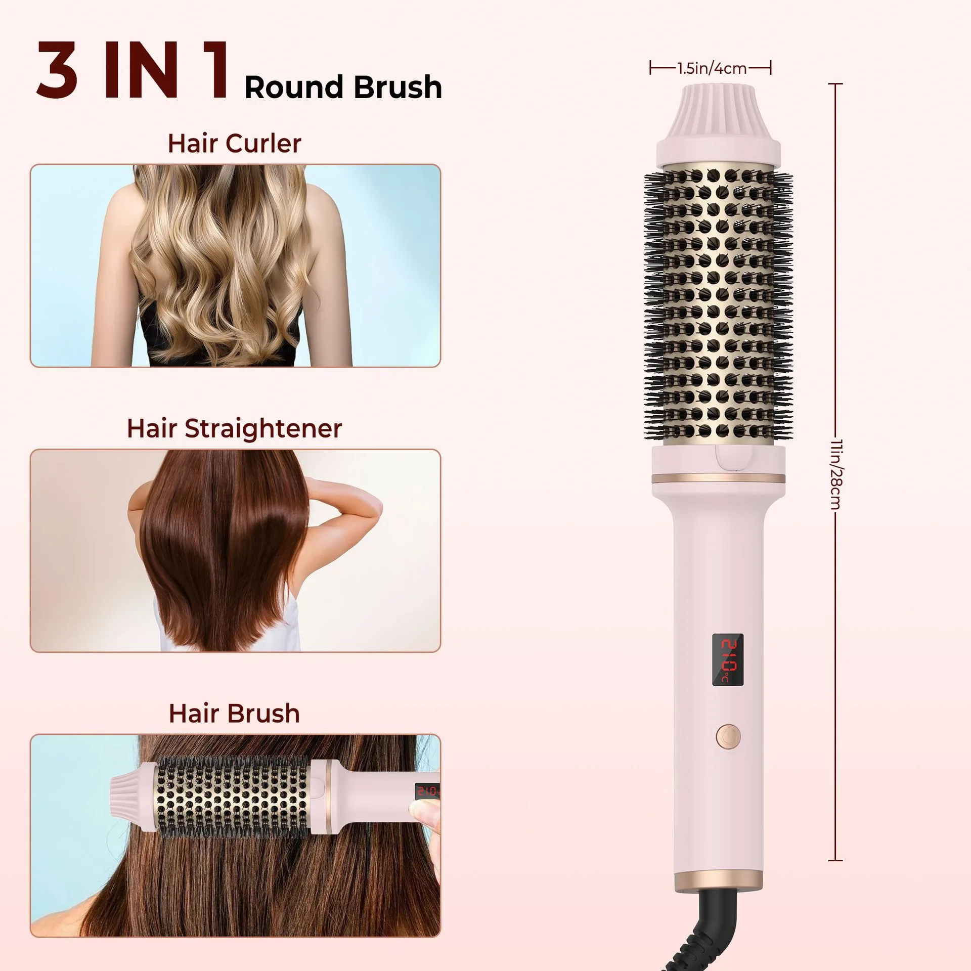 Ceramic Ionic Curling Brush Volumizer Hot Brush Creates Root Volume&Loose Curls Volume Hair Styling Tool Travel Hair Curler Comb