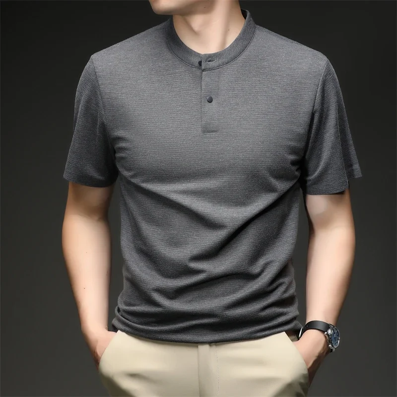 Mens Short Sleeve Mandarin Collar Polo Shirt Casual Tops With Buttons Breathable Slim Fit Waffle Knit Tees For Men Summer Style