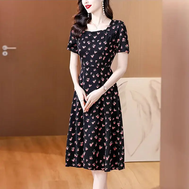 Women Summer Fashion Trend Slim Printing Corset Square Collar Short Sleeve Floral Dress Ladies Casual Appear Thin A-line Skirt