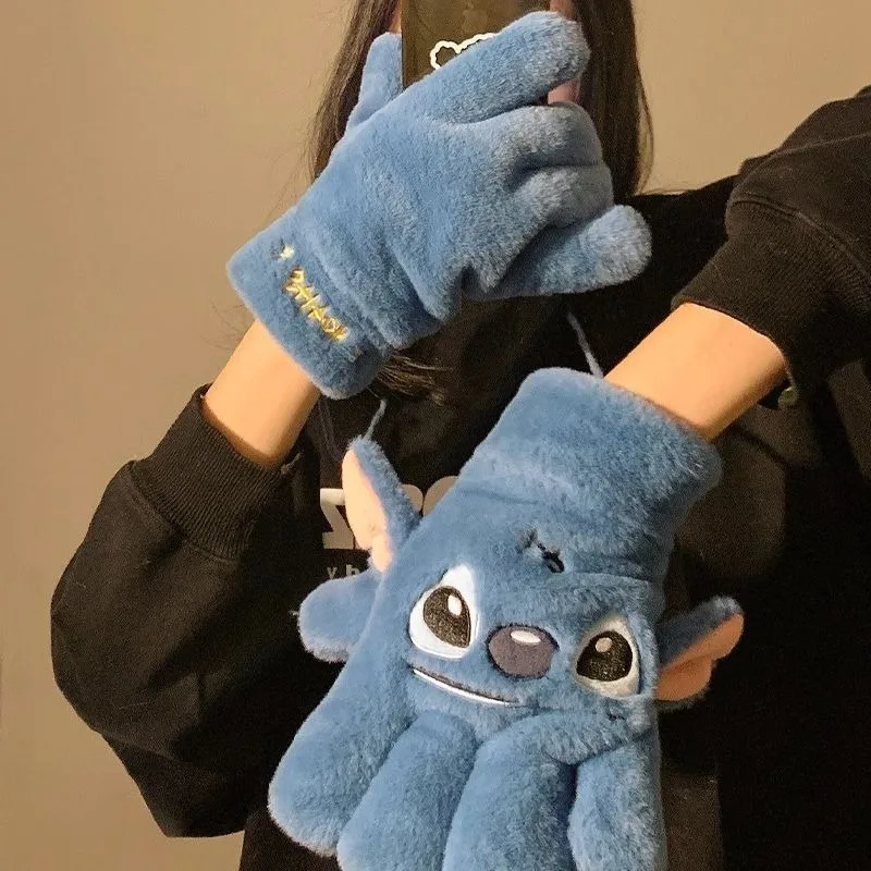 Disney Men's and Women's Winter Warm Plus Velvet Cute Student Writing and Cold-proof Lilo & Stitch Half-finger Flip Gloves