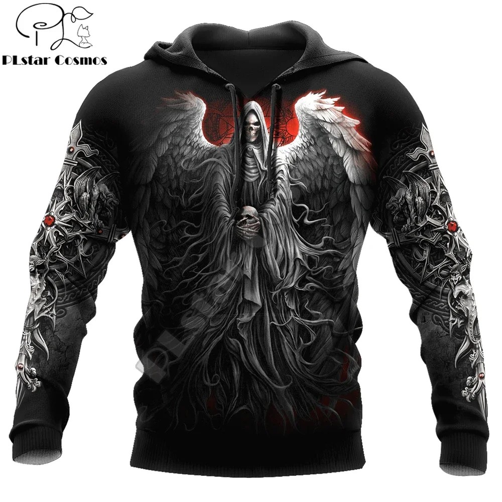 ريبر الجمجمة مع أجنحة الملاك ثلاثية الأبعاد في جميع أنحاء مطبوعة الرجال هوديي والبلوز الخريف للجنسين أغطية رأس بسحاب ملابس رياضية كاجوال KJ854