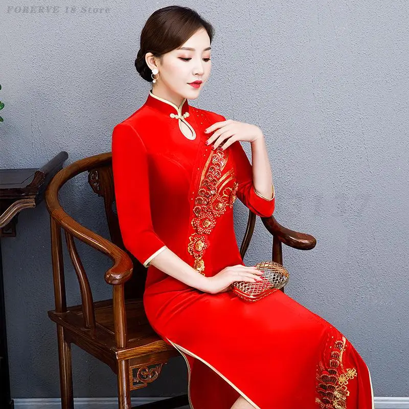 فستان تشيباو المخملي المثير للنساء التقليدي Chesongam للحفلات المسائية والولائم على الطراز الصيني الجديد فساتين ضيقة طويلة من القطيفة تشيباوس #4