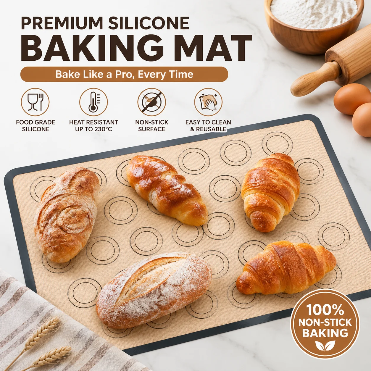 Food Grade Silicone Baking Mat Set Fiberglass Non-Stick Cookie Sheet Liner Heat Resistant Reusable Oven Mat Kitchen