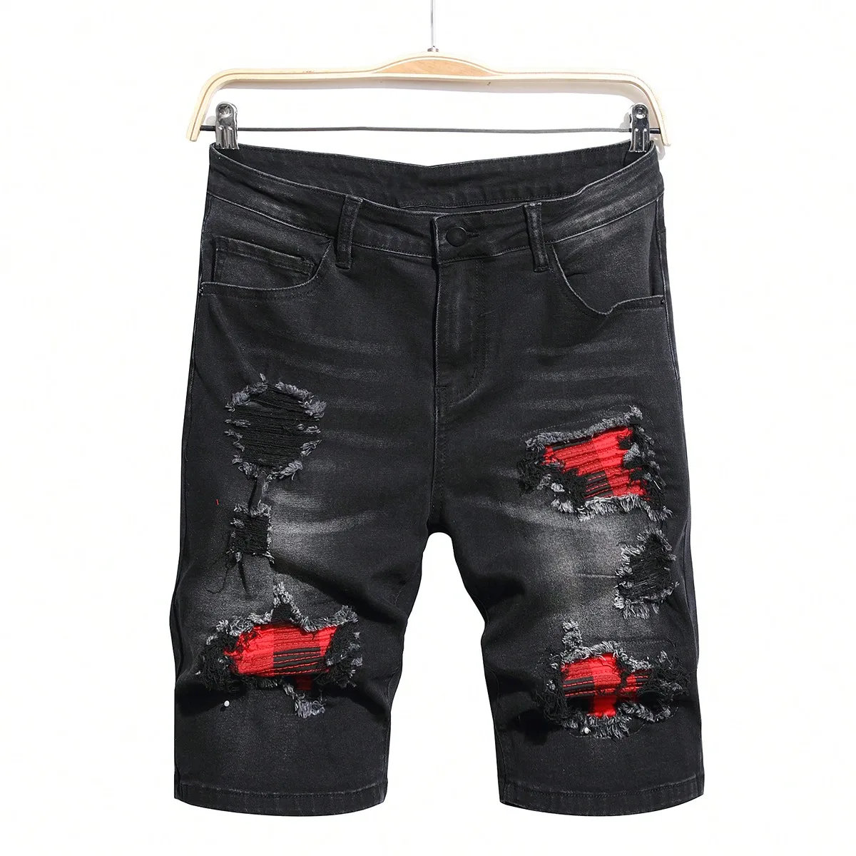 Summer Stretchy Washed Men Denim Shorts Casual Fashion Streetwear Ripped Hole Patchwork Distressed Male Straight Jeans Shorts