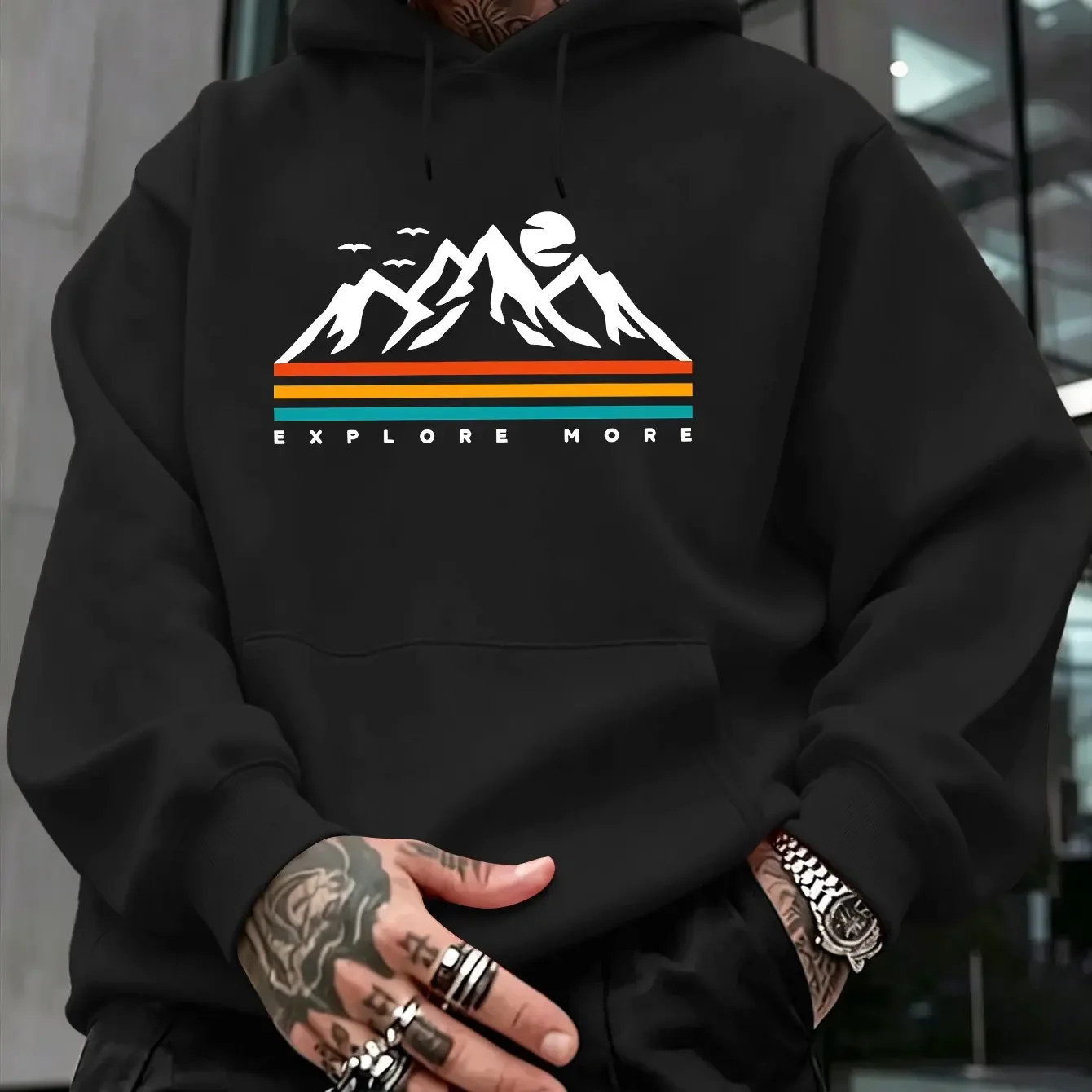 EXPLORE MORE Men'S Front-Print Hoodie American Streetwear Trendy Outfit Niche Individual Men'S Top Quirky Cartoon Hip-Hop Style