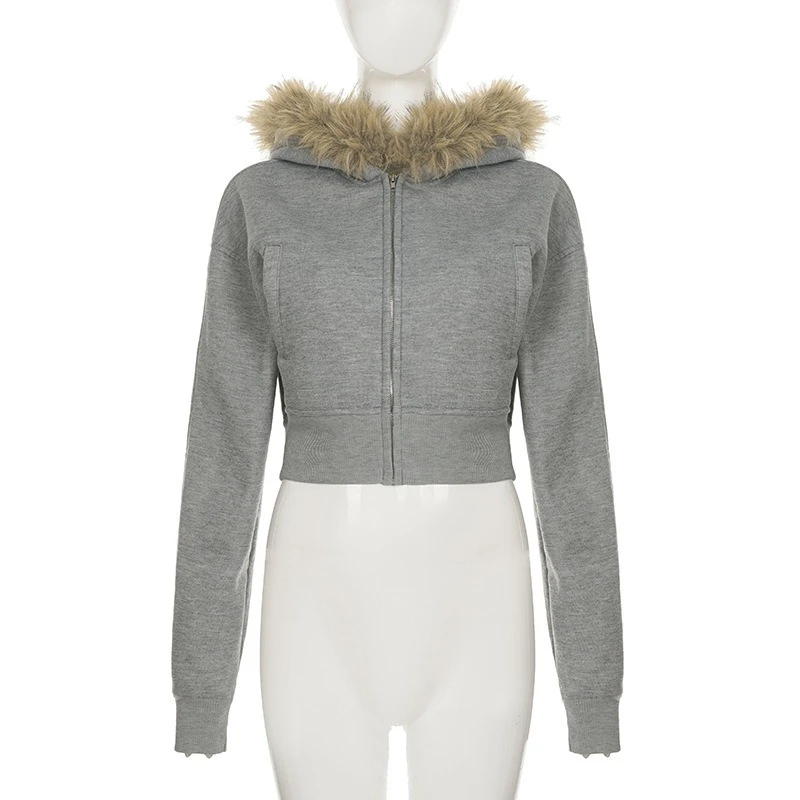 TARUXY Hot Girl Furry Hooded Sweatshirt Jacket Women Fashion Solid Zipper Long-Sleeved Leisure Splicing Street Coat Autumn New