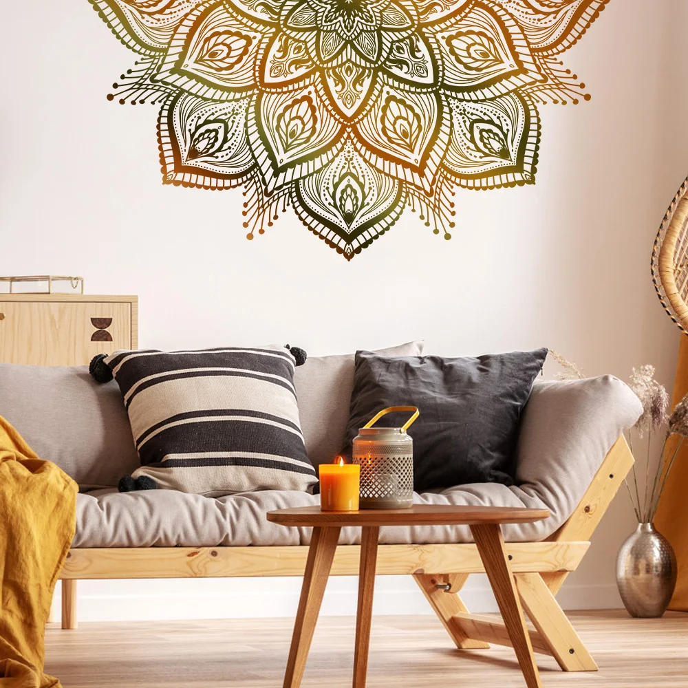 ملصقات حائط ماندالا ذهبية داكنة لتزيين جدران غرفة المعيشة وغرفة النوم، ملصق ديكور ذاتي اللصق باللون الأسود النقي