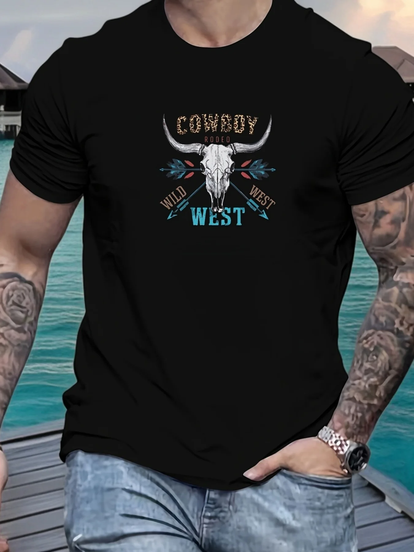 تي شيرت رجالي برسومات رعاة البقر - تي شيرت صيفي كاجوال برقبة دائرية، مزيج بوليستر مسامي، سهل العناية