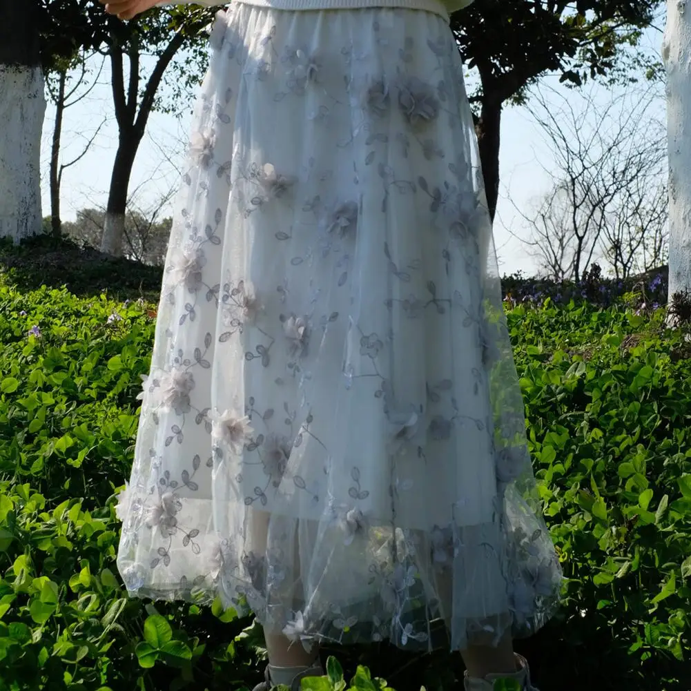 

Women High Waist Midi Skirt Elegant Floral Embroidery Mesh Midi Skirt with Double Layered Tulle High Waist Elastic for Women