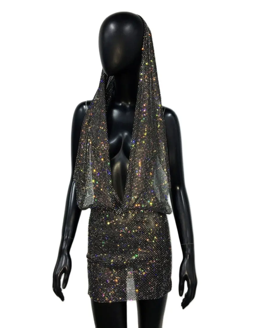 Y2K-Robe en Maille Transparente pour Femme, Streetwear, Strass Brillants, Bandana, Enveloppes de Tête, Rave Festival, Vêtements pour Boîte de Nuit