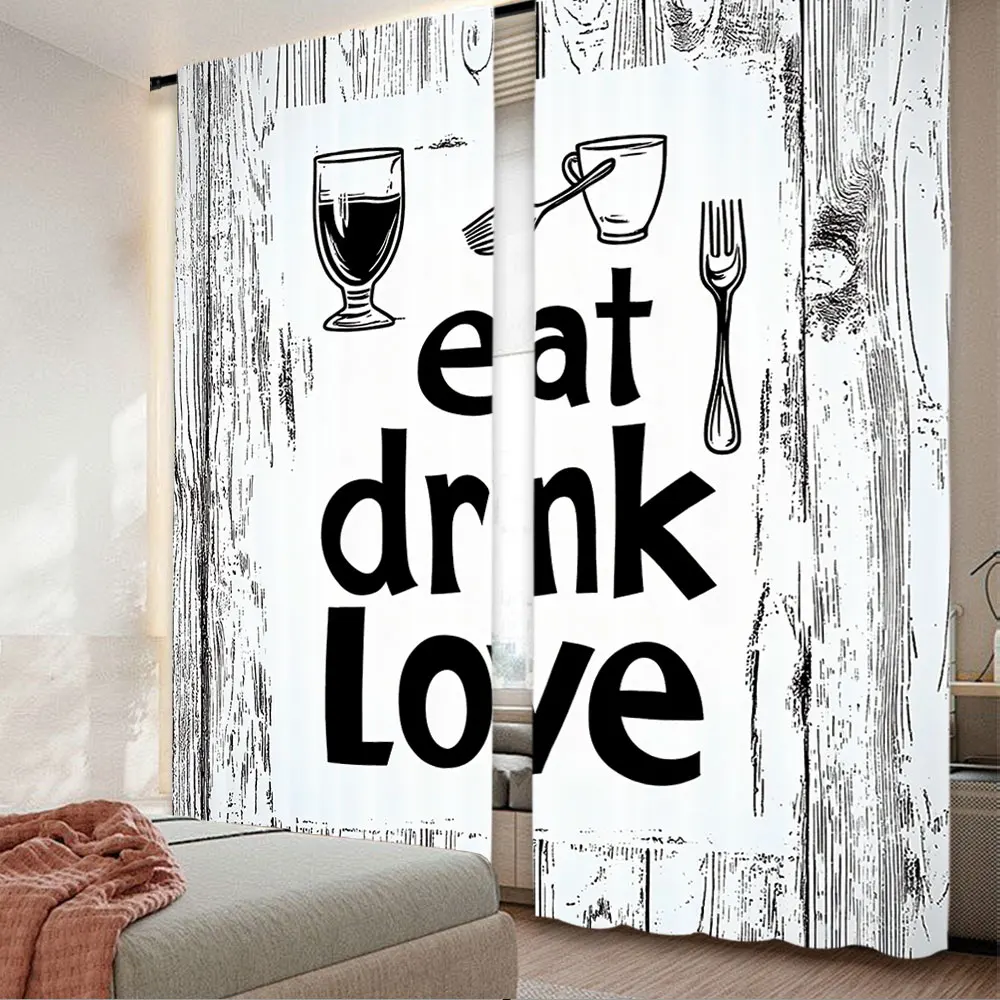 2Pcs Rustic Curtains Farmhouse Cafe Curtains Eat Drink Love Kitchen Decor Black White Wooden Sign Retro Art Printed For Bedroom