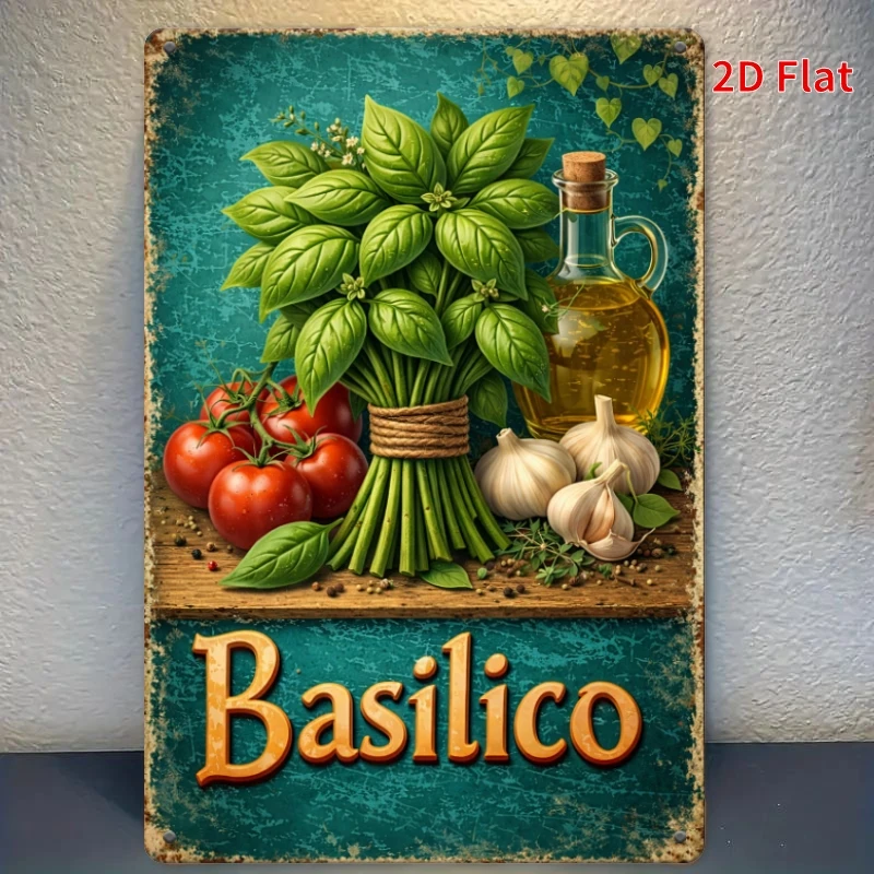 Letrero Metálico Plano 2D Vintage con Hierbas de Albahaca, Decoración de Pared con Aceite de Oliva y Tomate, Cocina Italiana Retro
