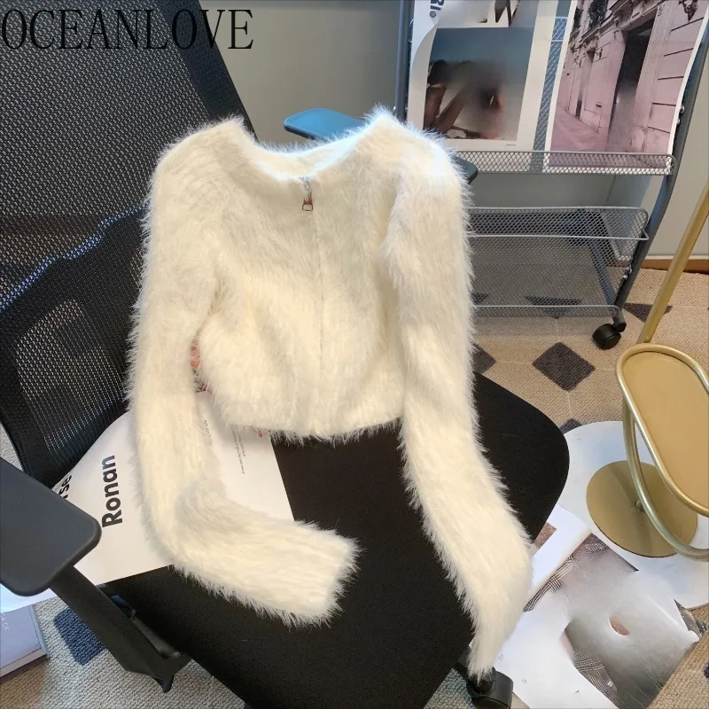 

OCEANLOVE кардиганы женские норковые кашемировые однотонные осенне-зимние свитера на молнии корейская мода винтажные сексуальные Sueter Mujer