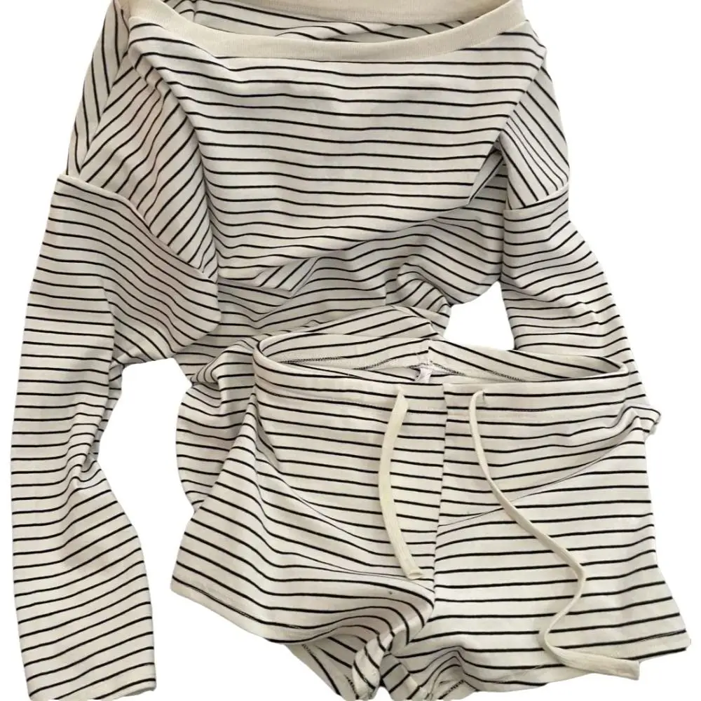 Casual Off Shoulder Long-Sleeved Pajamas Long Sleeve Drawstring Waist Home Wear Set Two Piece Pajamas Set Outerwear