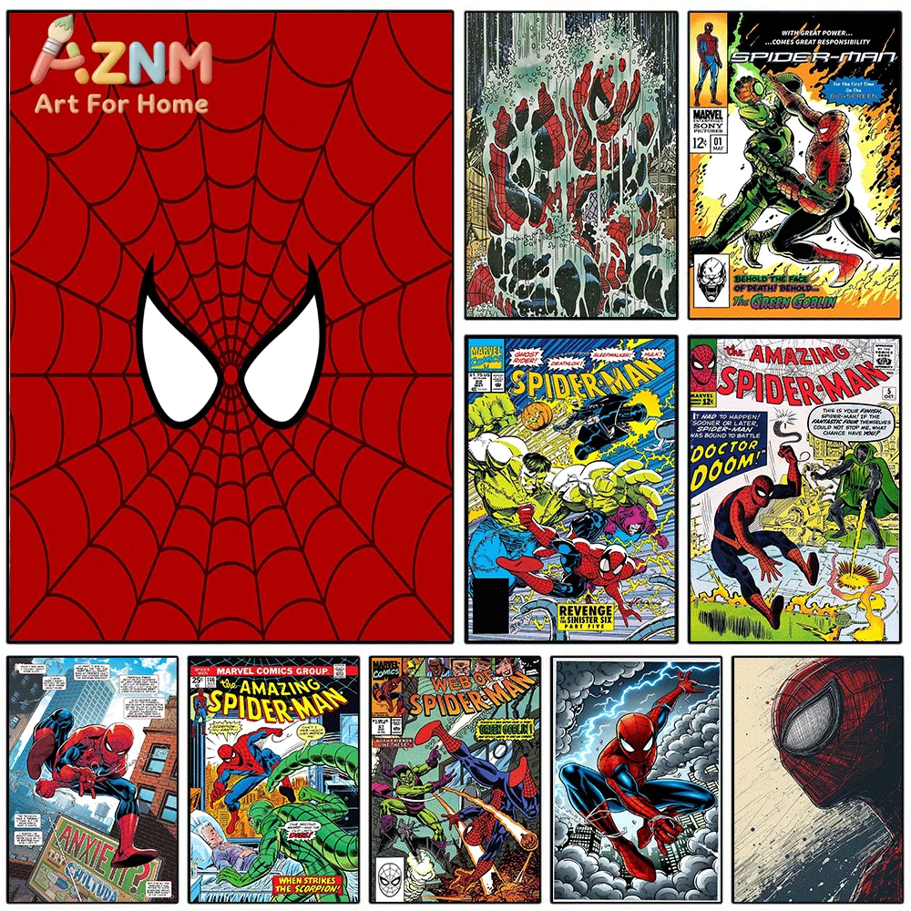 AZNM Spiderman Mask Spider Web Pattern Comic Canvas Wall Print, Classic Superhero Symbol Art Poster, Unframed Canvas Painting