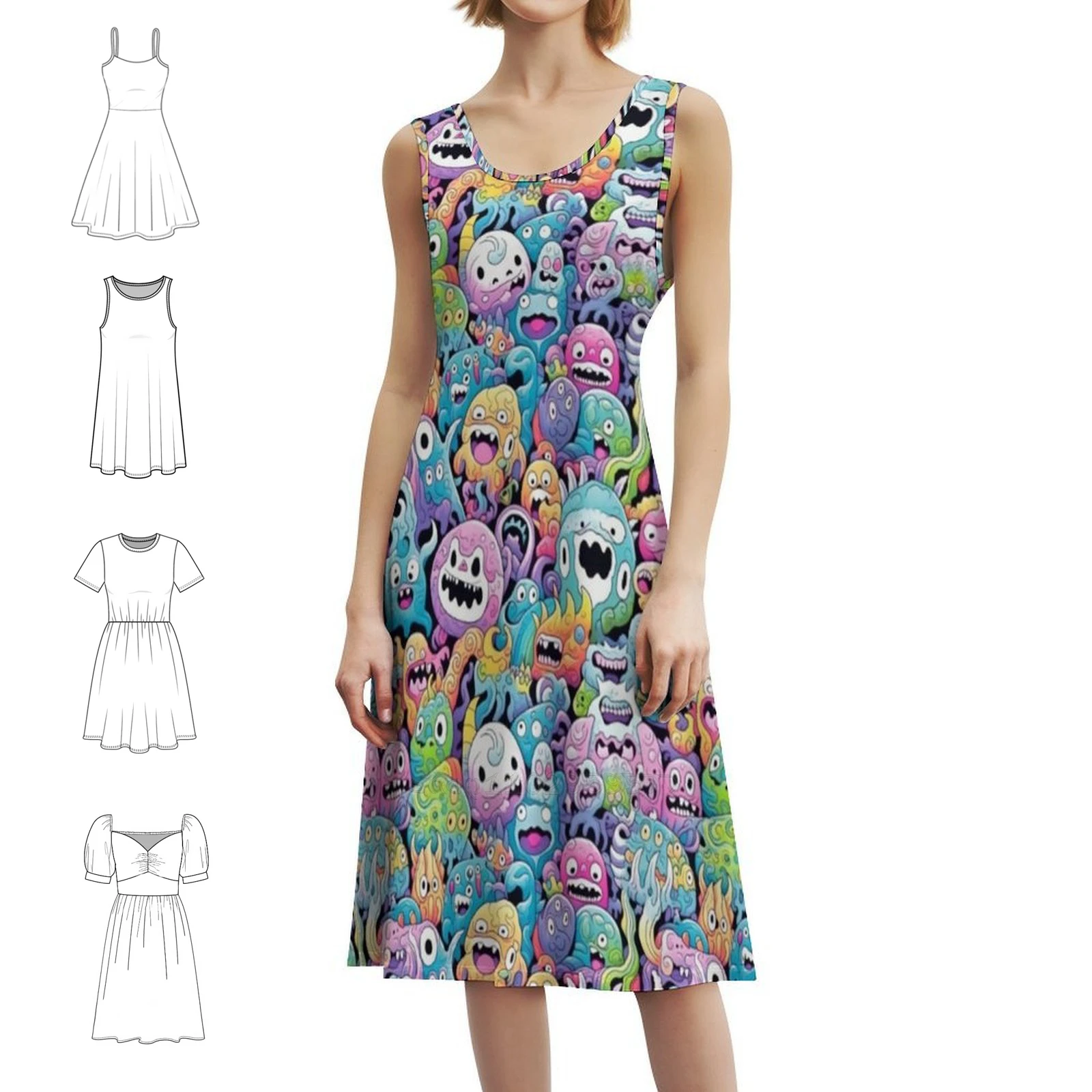 Japanese Monsters & Ghosts-Studio & Style Seamless Women's Elegant Party Dress A-Line Dress With Short/Long/Sleeveless Options