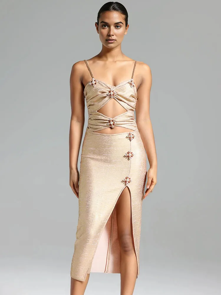 Vestido Midi Sexy ajustado y brillante, elegante, sin mangas, cadenas doradas, correas, estampado de lámina, corte, abertura larga, perlas adornadas, fiesta Coc
