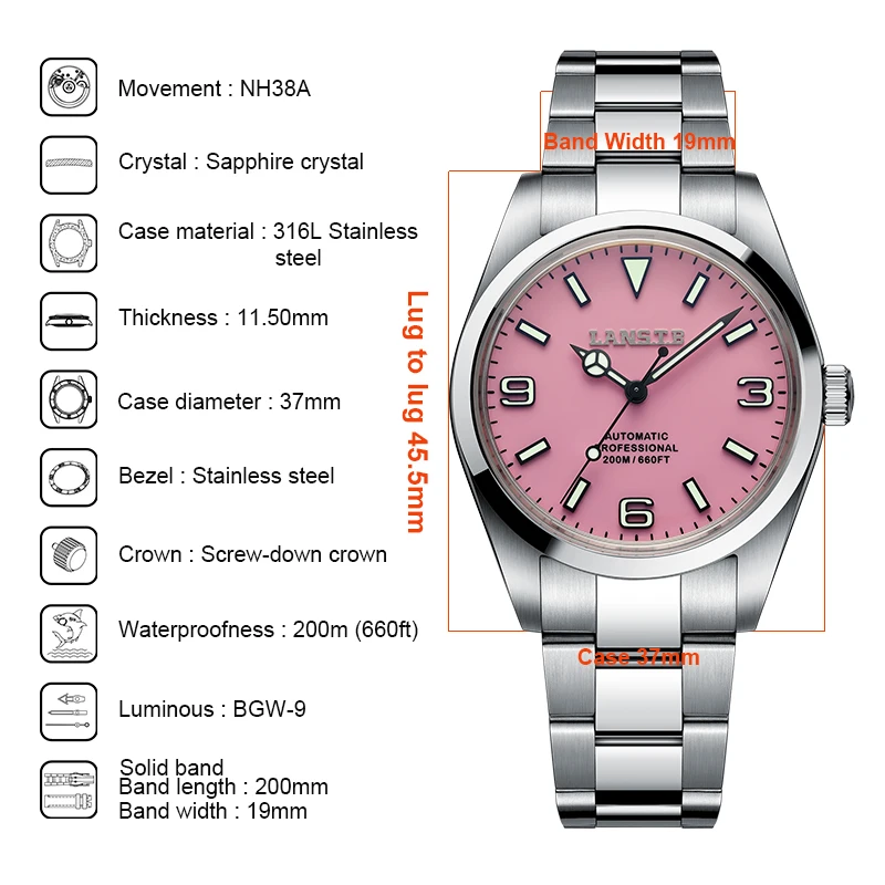 LANSTB-37mm Vintage Stainless Steel Sports Watches,Pink Women Watch Luxury,NH38 Automatic Movement, New Waterproof Diver Watch