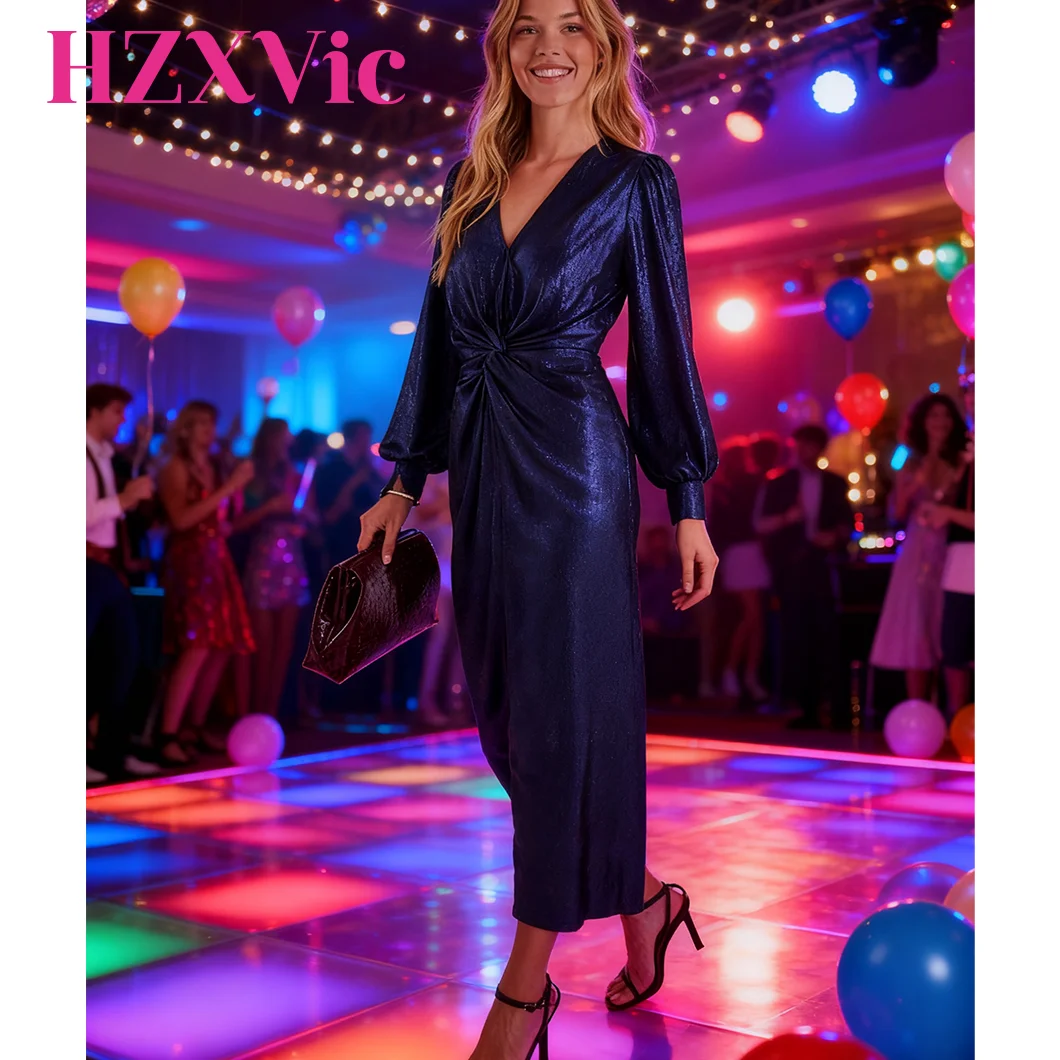 

HZXVic Women's Elegant V-Neck Dress with Twist Pleats And Cinched Waist Long Sleeve Fashionable Gown for Christmas