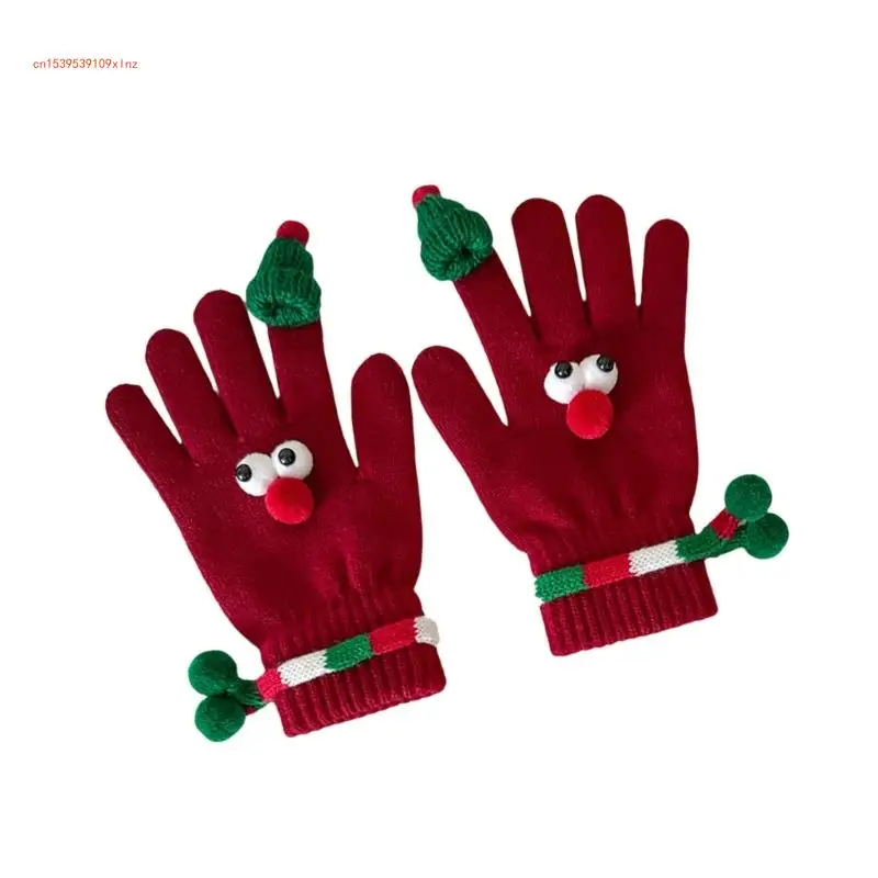 Holiday Theme Santa Hat Gloves with Finger Leak Screen Touch Festival Handwear Lovely Christmas Knitwear for Daily Use