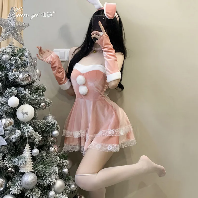 2023 Christmas Red Woman Dress Sweet Bunny Girl Costume Rabbit Woman Set Bunny Suit Sexy Lingeries Lady Cosplay Maid Uniform