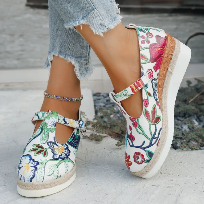 Women Floral Print T-Strap Wedge Mary Janes, Woven Platform Casual Shoes, Bohemian Espadrille Heels, Buckle Vacation Shoes