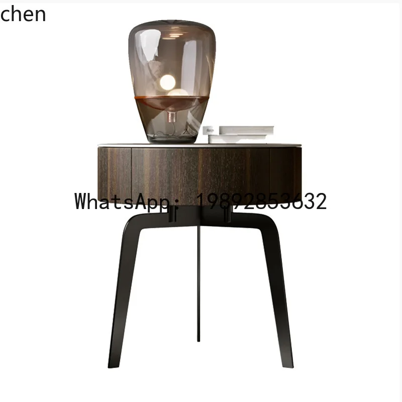 

B-1 Rock Slab Bedside Table Bedroom Smoked Solid Wood Round Storage Cabinet