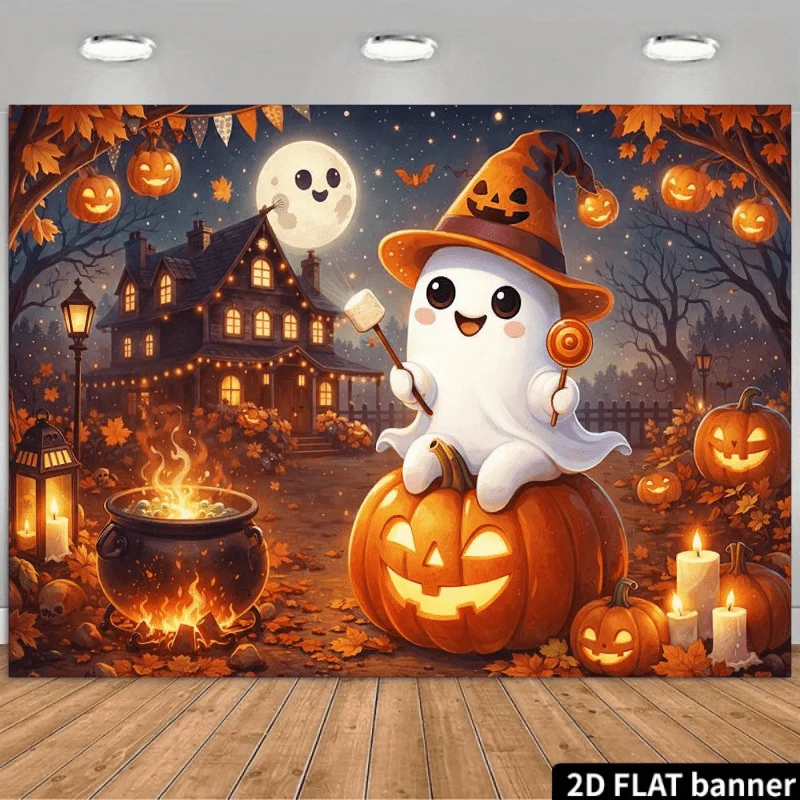 Halloween Tapestry Cute Ghost Pumpkin Witch Hat Wall Hanging Spooky Haunted House Moon Bat Autumn Fall Leaves Wall Blanket for H