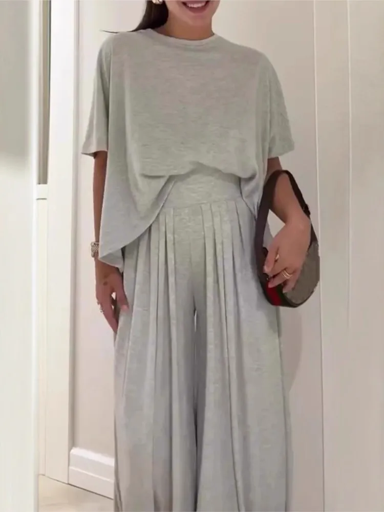 

Fashionable O-neck Short-sleeved Top + Wide-leg Pants 2-piece Set For Women Elegant Autumn Solid Color Loose Casual Suit Female