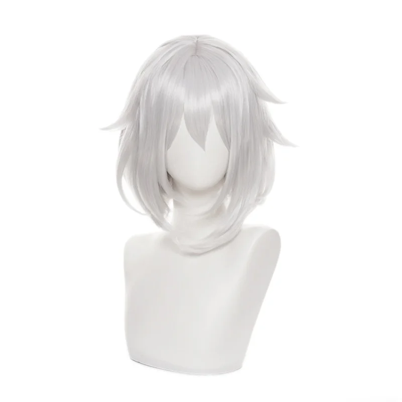 Genshin Impact Paimon Cosplay Wig White Gray Short Heat Resistant Synthetic Hair Halloween Party Role Play + Free Wig Cap