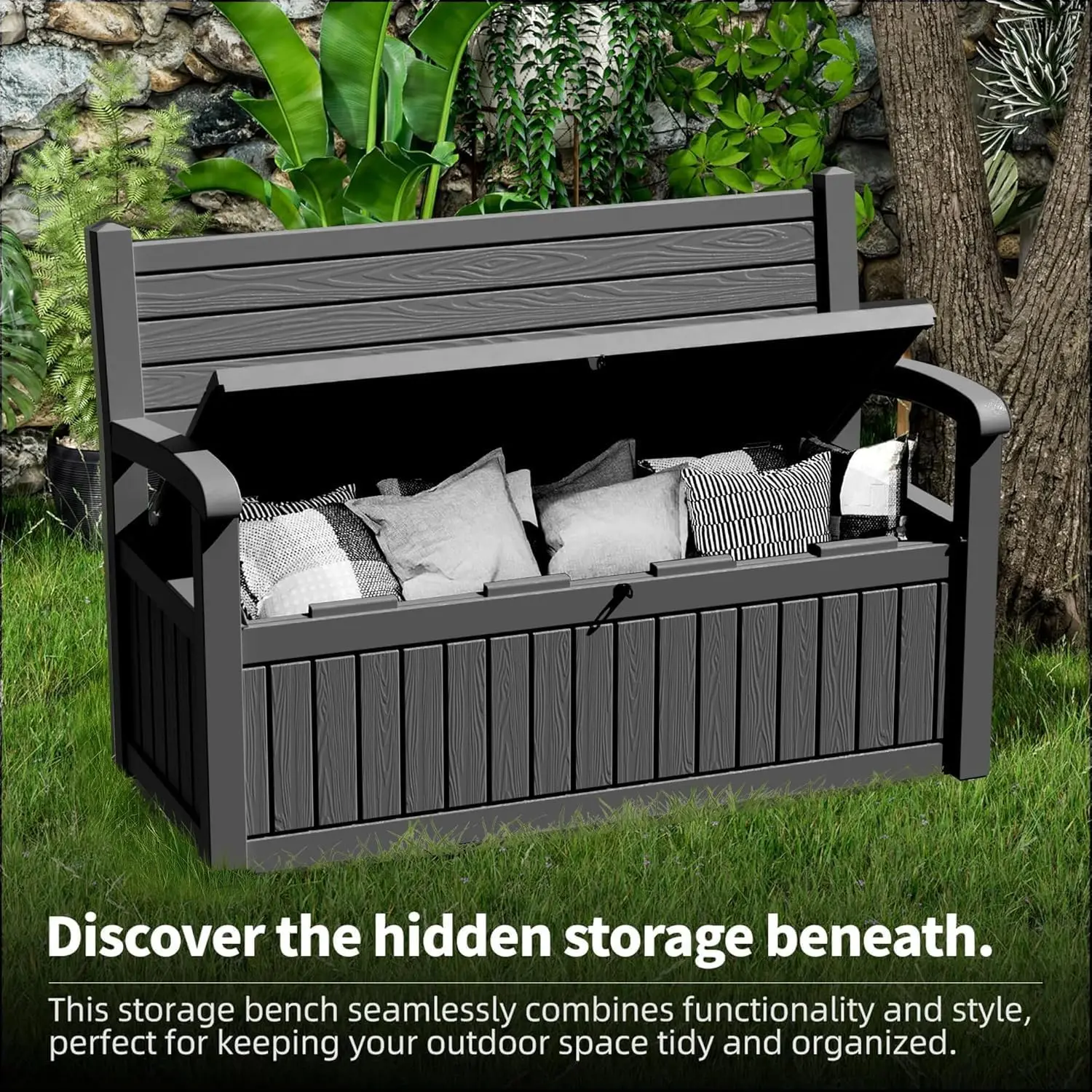Indoor Outdoor Storage Box 80 Gallon, Resin Deck Box Organizer Container With Lockable Lid Support, Heavy Duty Weather Resistant Backyard Garden Patio Cushion Bench Cabinet, Black Stripe view 6