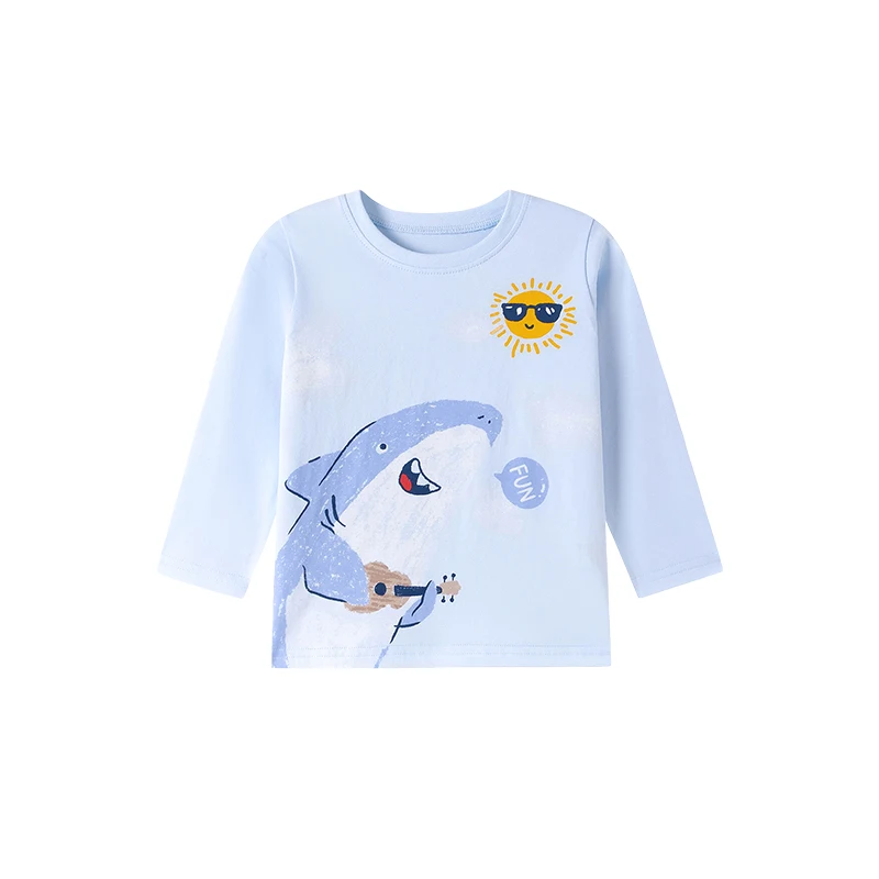Little Maven 2026 Autumn Spring Cartoon Sharks Long Sleeves T-shirt Cotton Tops Baby Boys Kids Clothes Children's Clothing