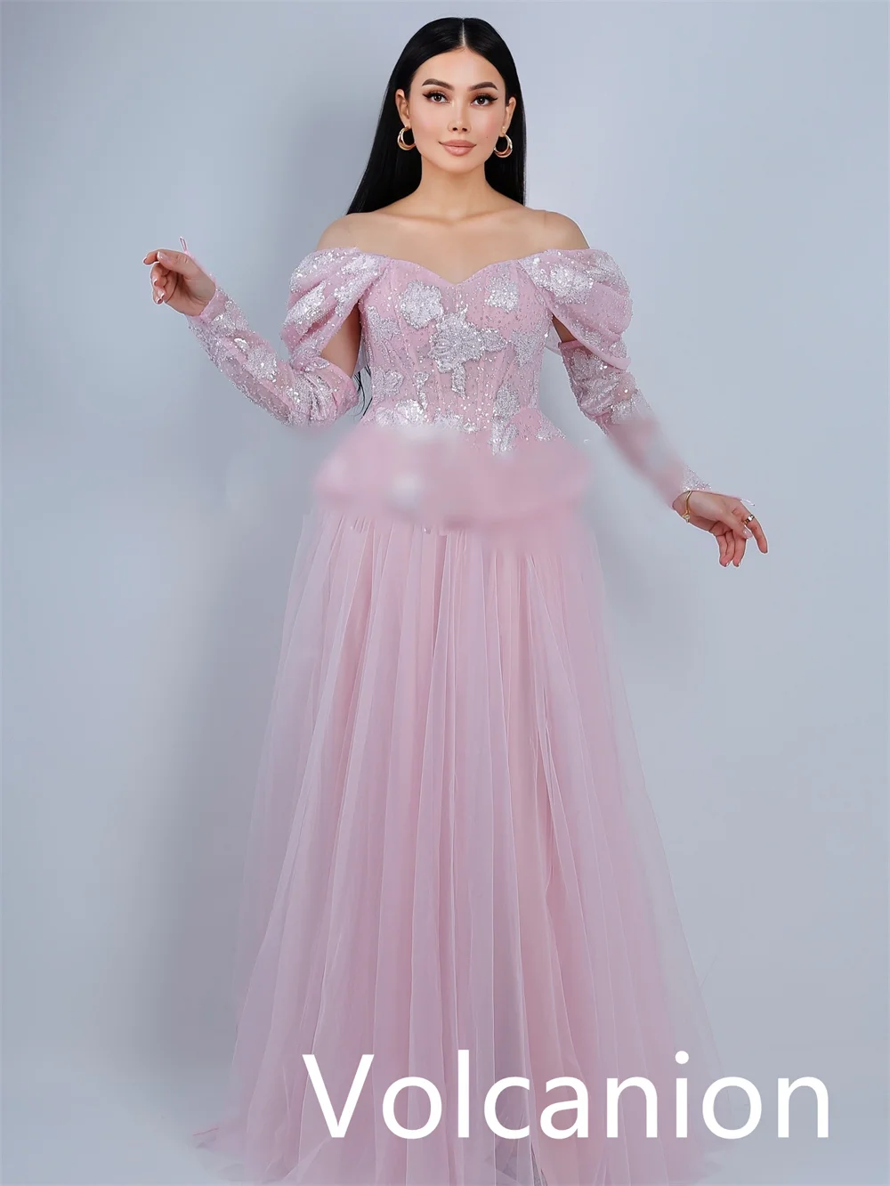 Op maat gemaakte glitter formele chiffon lovertjes plooi A-lijn off-the-shoulder lange jurken op maat gemaakte gelegenheid casual