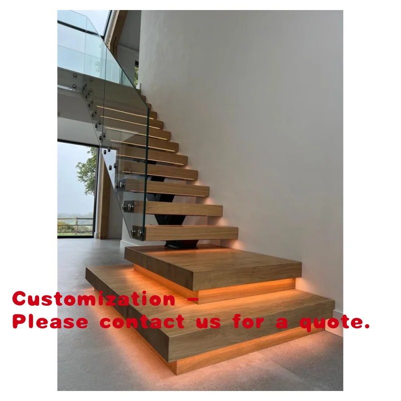 

Customize.Modern Design Floating Stair Treads With LED Lighting Glass Floating Staircase Commercial Wooden Metal Stairs
