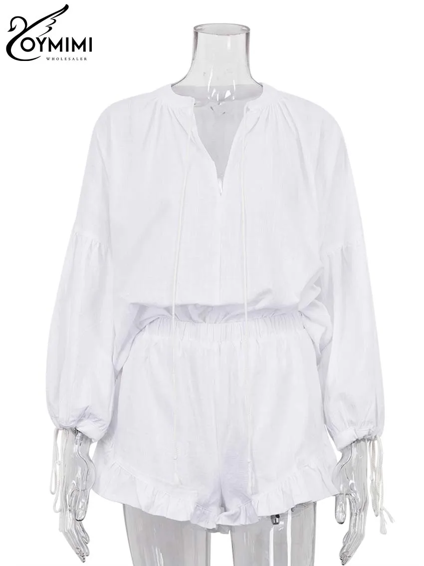 Oymimi Elegant White Cotton 2 Piece Sets Women Outfit Fashion Wrist Sleeve Lace-Up Blouse And High Waist Pleated Shorts Sets