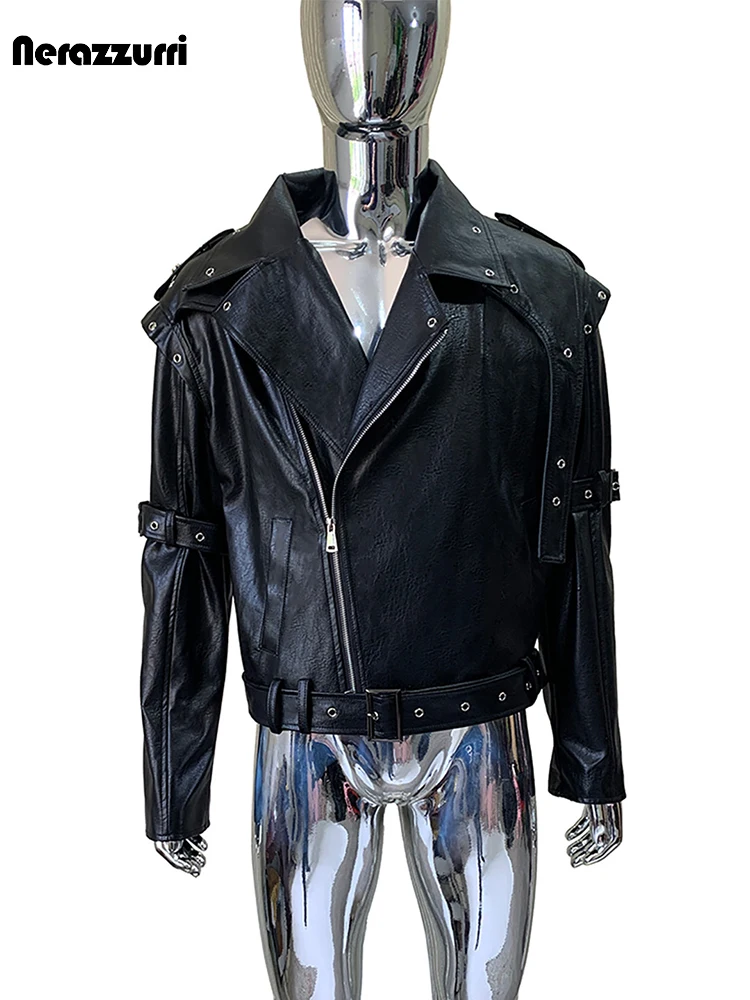 Nerazzurri Spring Autumn Short Shiny Pu Leather Motorcycle Jacket Men Luxury Designer American Vintage Punk Style Menswear 2026