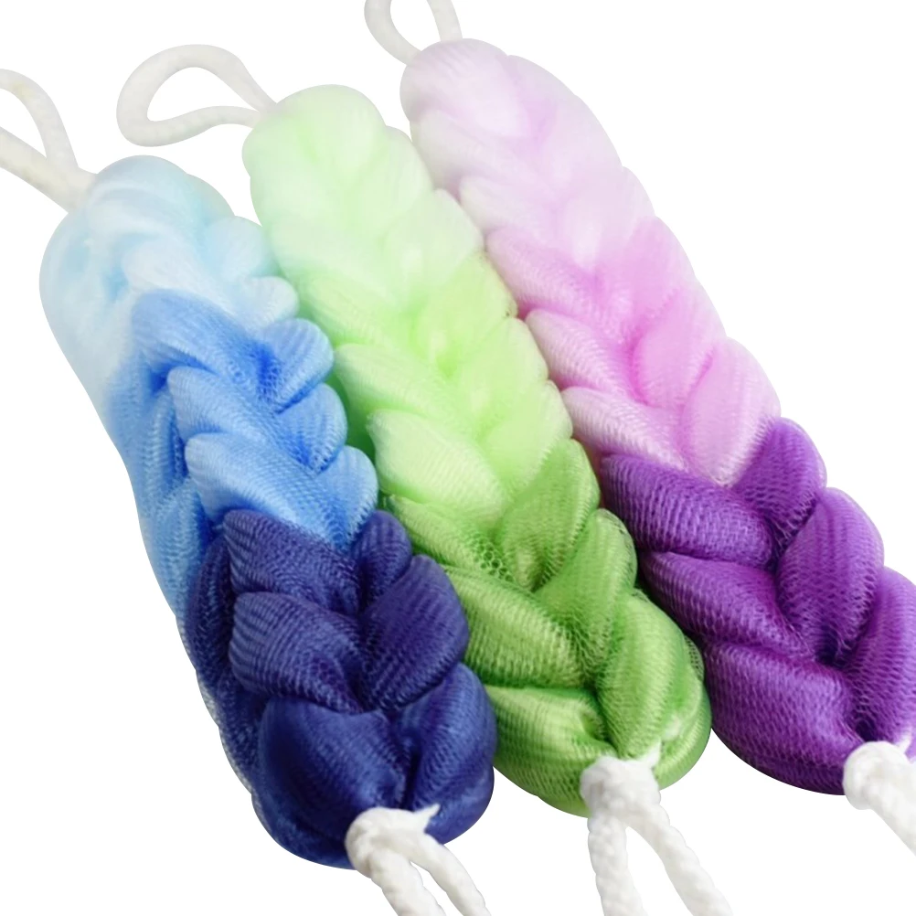 3 stks Premium Bad Poef Exfoliërende Mesh Spons Rekbare Lange Rug Scrubber Dubbelzijdig Gradiënt Paars Groen Bad