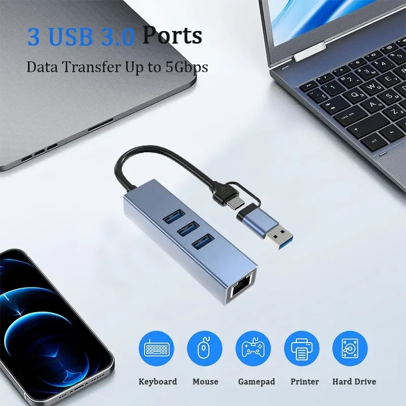 USB C HUB 1000Mbps 3 Ports USB 3.0 Type C HUB USB to Rj45 Gigabit Ethernet Adapter Docking Station for MacBook Laptop Computer