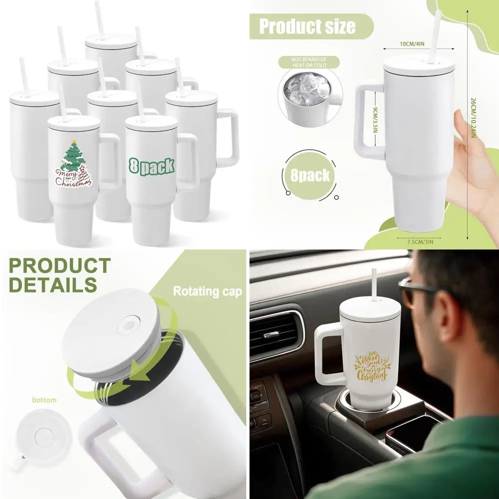 

40oz Insulated Stainless Steel Tumblers with Handle & Straw Lid for Sublimation Printing - Bulk White Travel Mugs