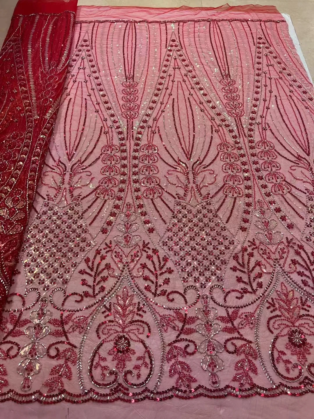 

Exquisite African Handmade Beads Laces Fabrics Luxury Nigerian Sequins Mesh Lace Fabric French Bride Tulle Lace For Diy Wedding