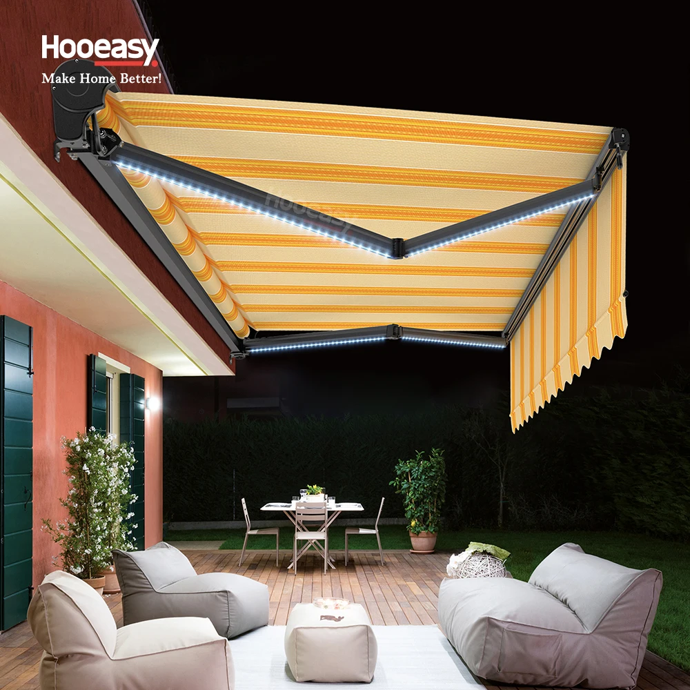 Premium Quality Sunny Yellow Stripes Motorized Patio LED Light Retractable Awnings