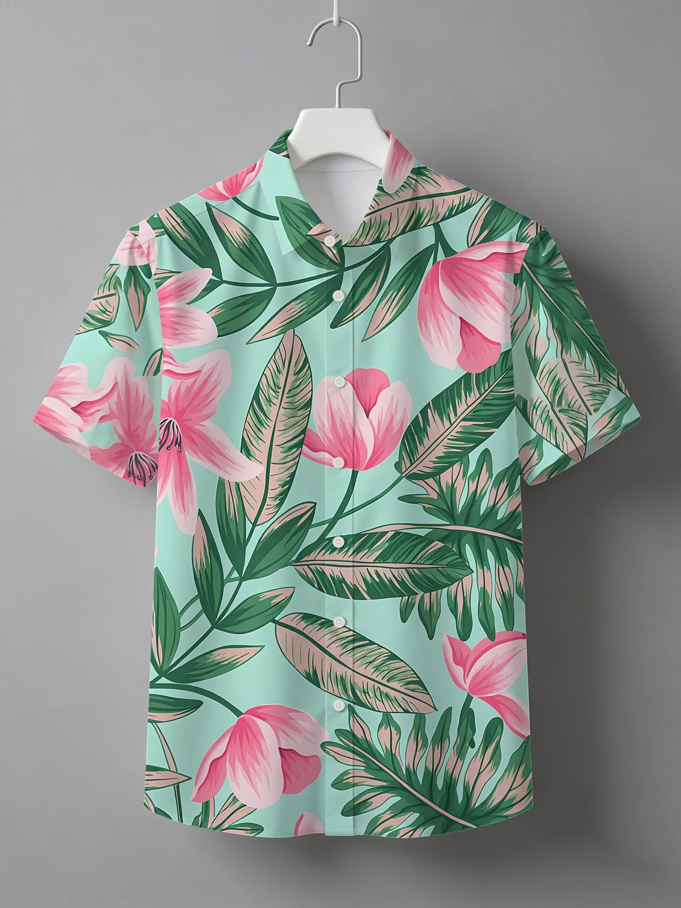 Men Short Sleeve Shirt Mint Green Tropical Pink Floral Leaf Print Turn‑Down Collar Hawaiian Casual Tops